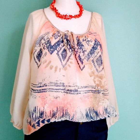 Ivory Print Bohemian Top Sz S - Picture 5 of 8